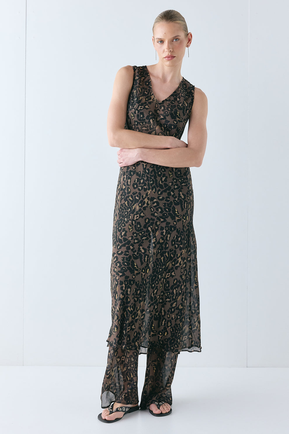 Winona Sheer Midi Dress Brown Leopard
