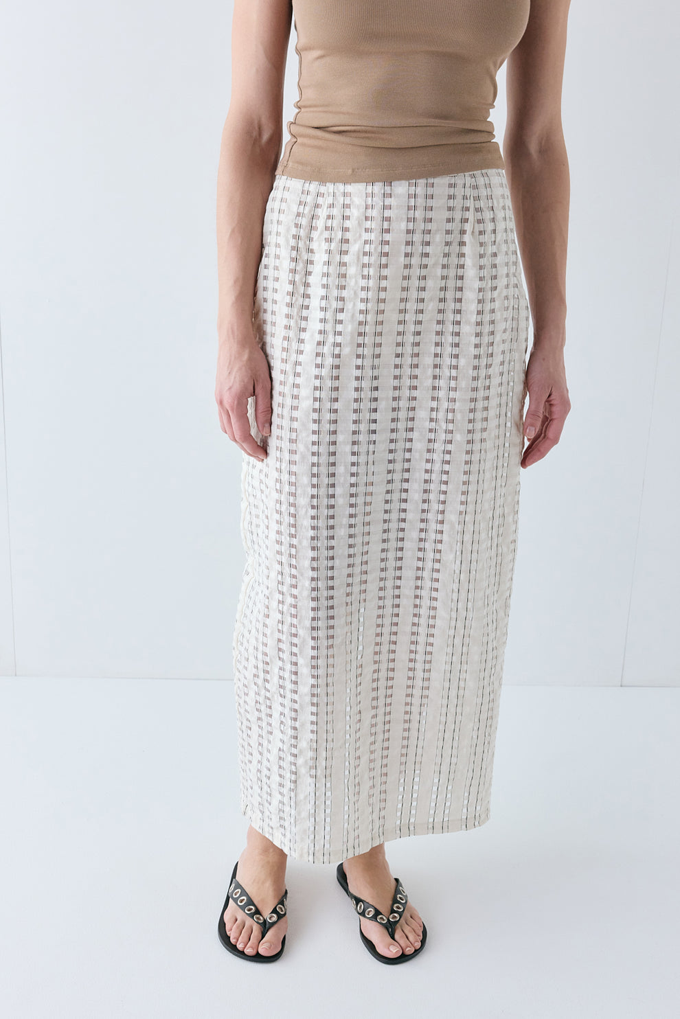 Devyn Sheer Midi Skirt Cream Check