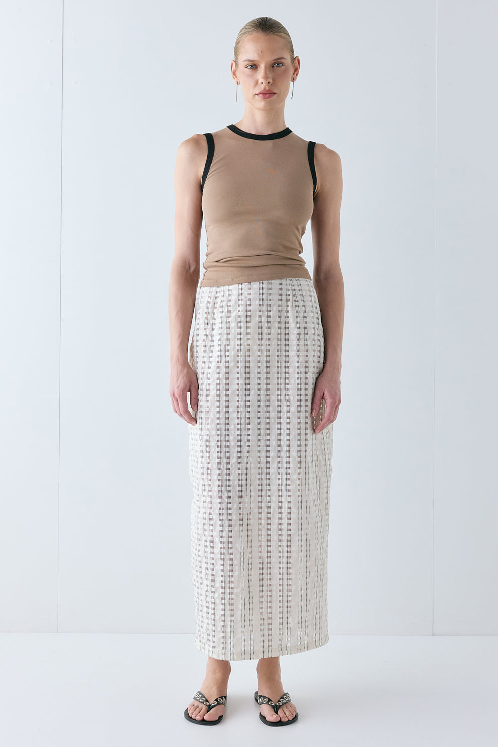 Devyn Sheer Midi Skirt Cream Check - size:Karolina:AU 6 / US 2