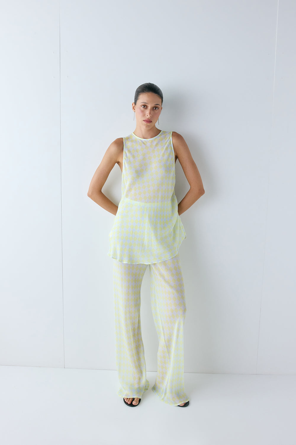 Tali Sheer Top Lime Check