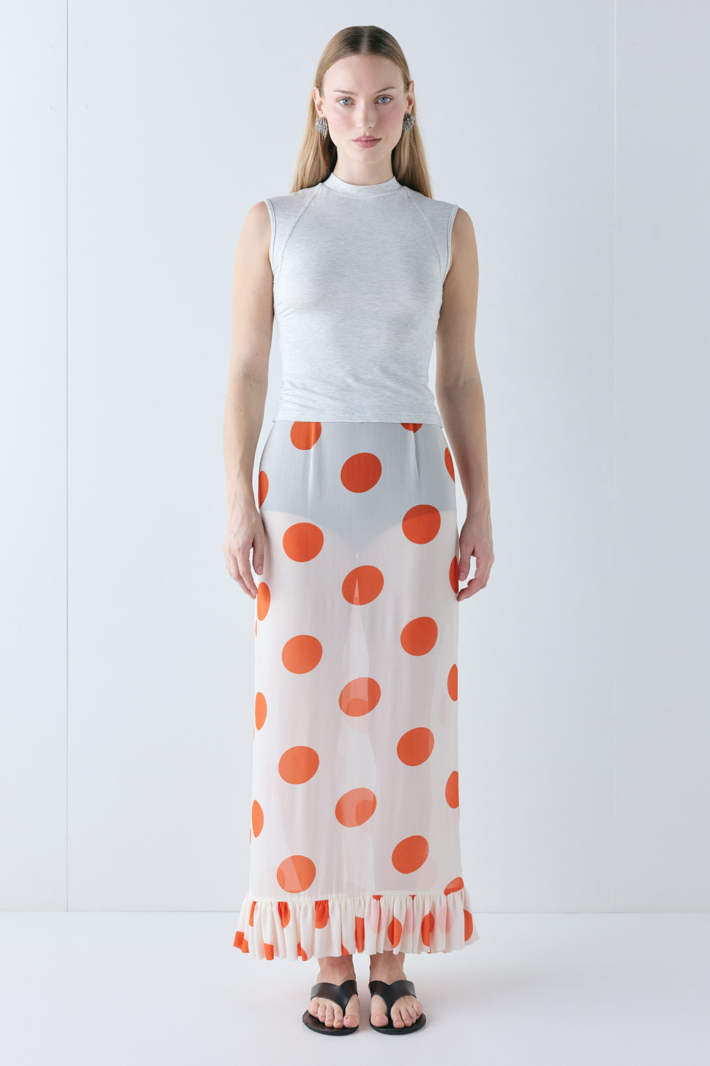 Delilah Sheer Maxi Skirt Orange Polka Dot - size:Mira:AU 8 / US 4