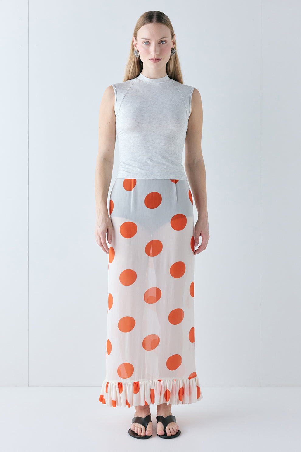Delilah Sheer Maxi Skirt Orange Polka Dot - size:Mira:AU 8 / US 4