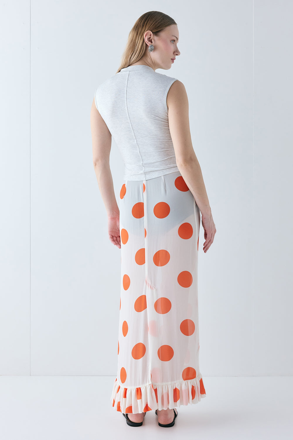 Delilah Sheer Maxi Skirt Orange Polka Dot 