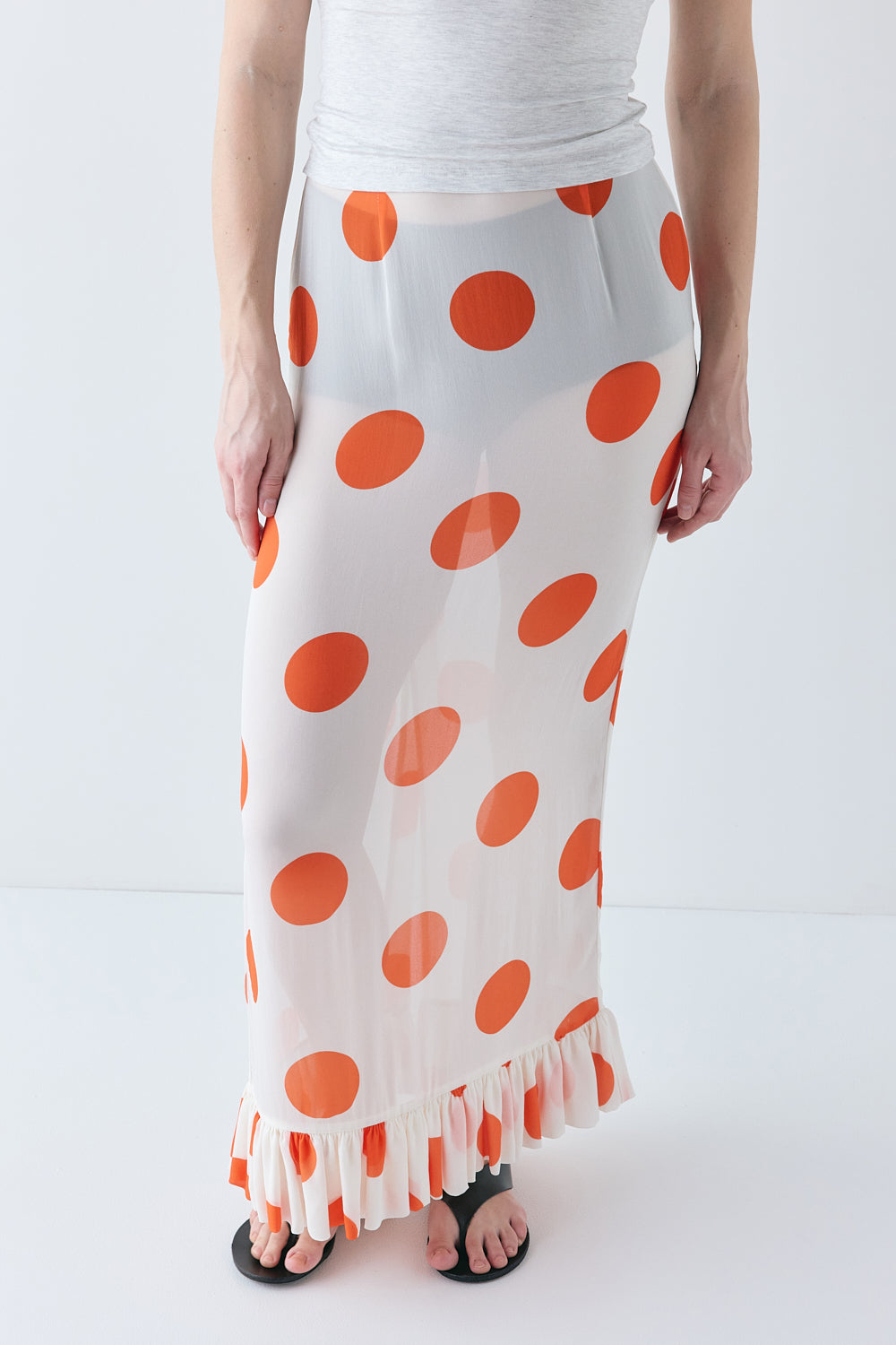 Delilah Sheer Maxi Skirt Orange Polka Dot 