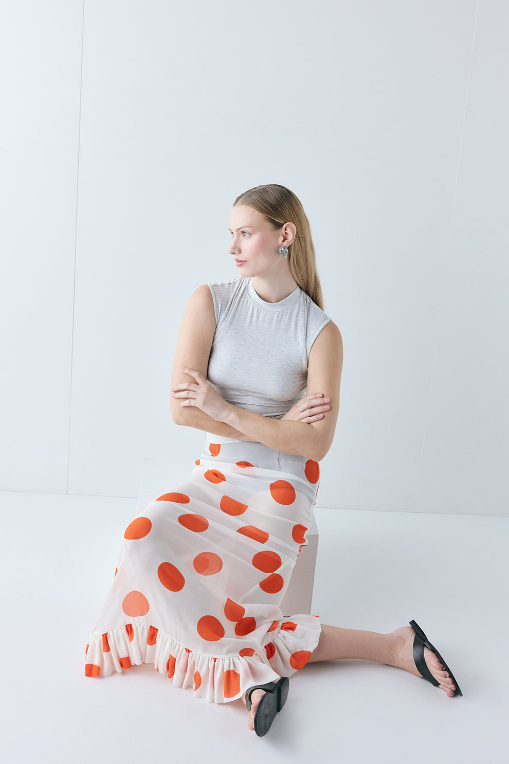 Delilah Sheer Maxi Skirt Orange Polka Dot 
