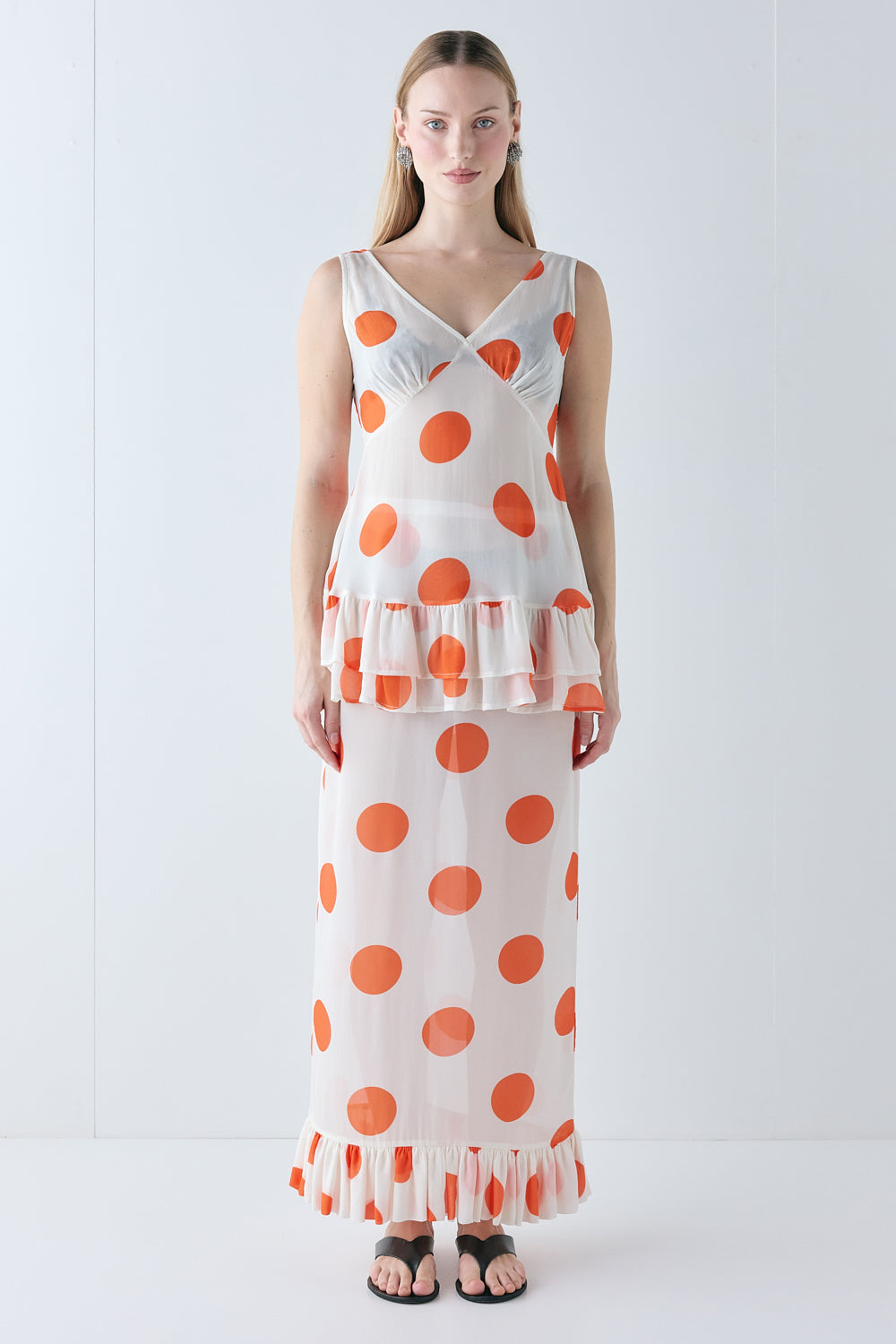 Delilah Sheer Maxi Skirt Orange Polka Dot 