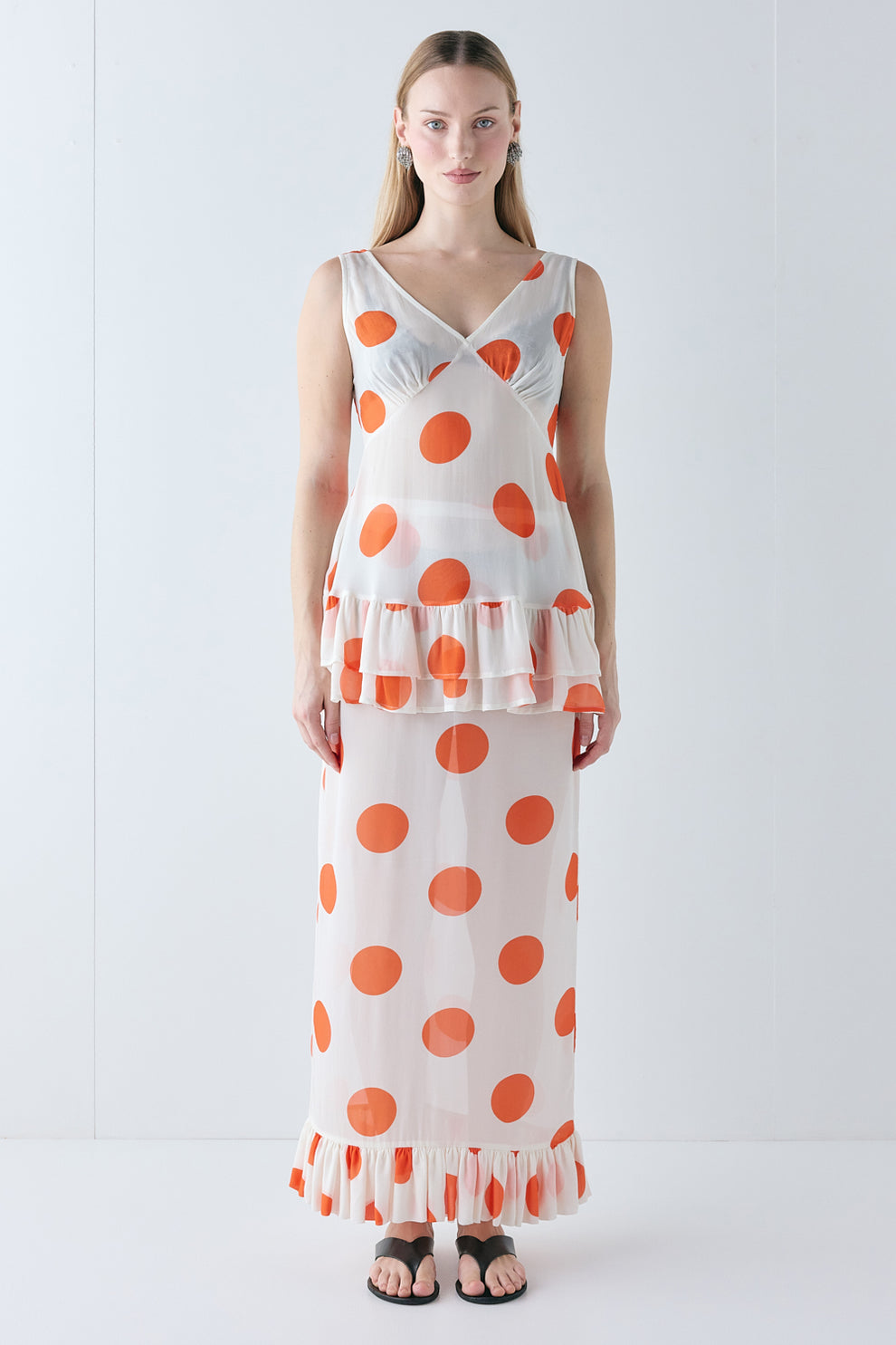 Delilah Sheer Maxi Skirt Orange Polka Dot 