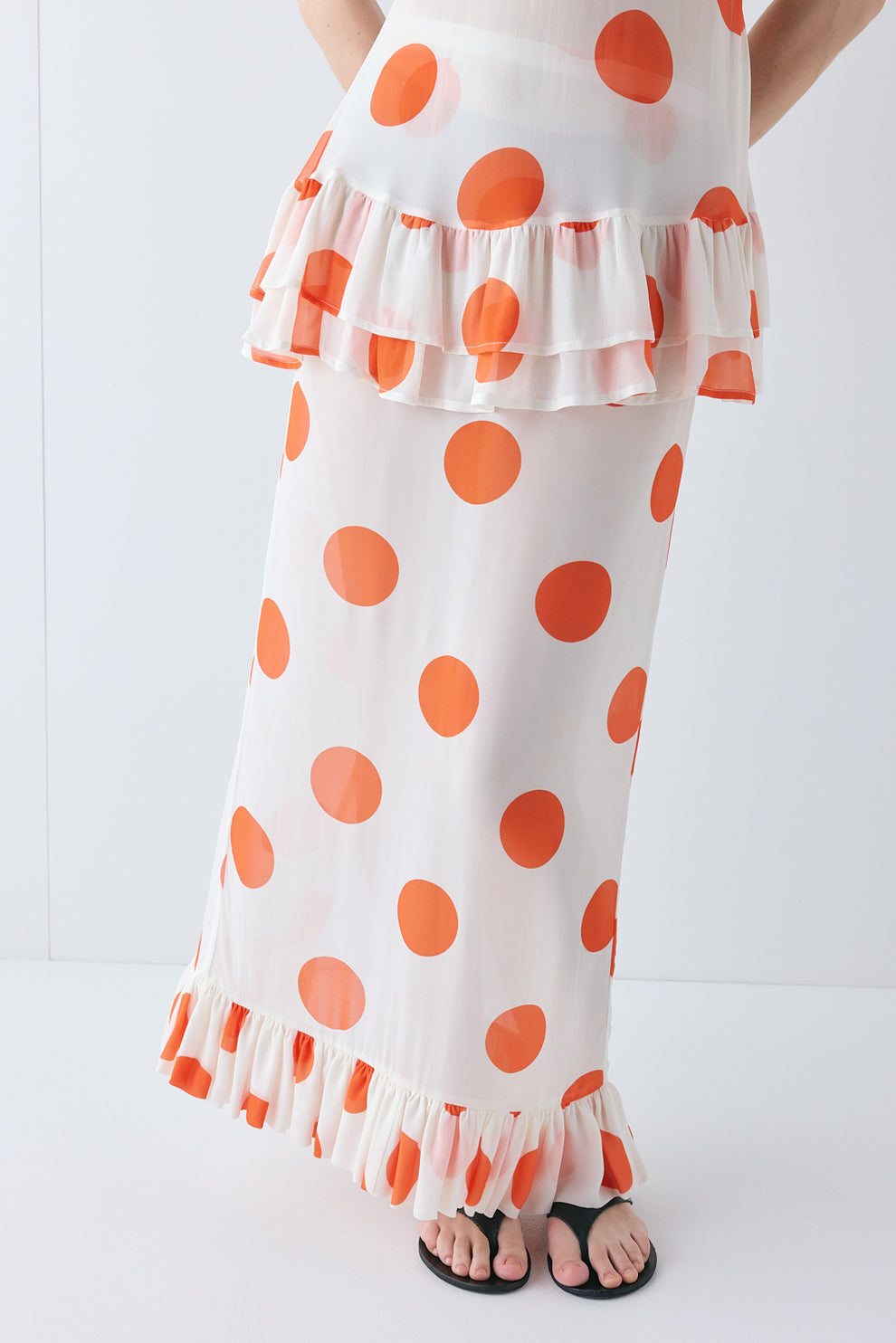Delilah Sheer Maxi Skirt Orange Polka Dot 