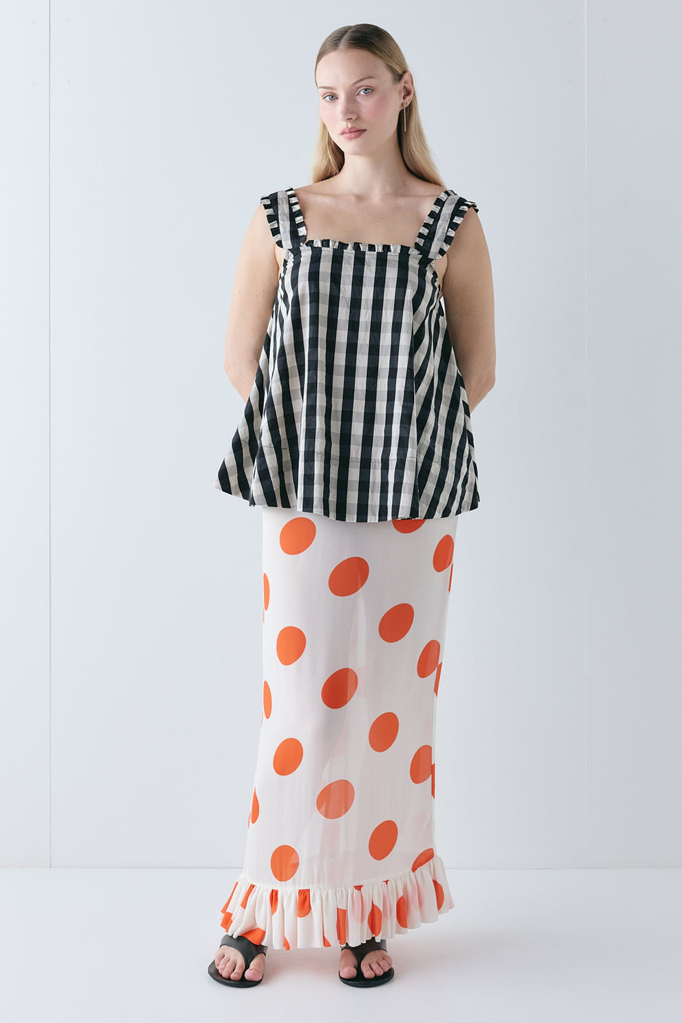 Delilah Sheer Maxi Skirt Orange Polka Dot 