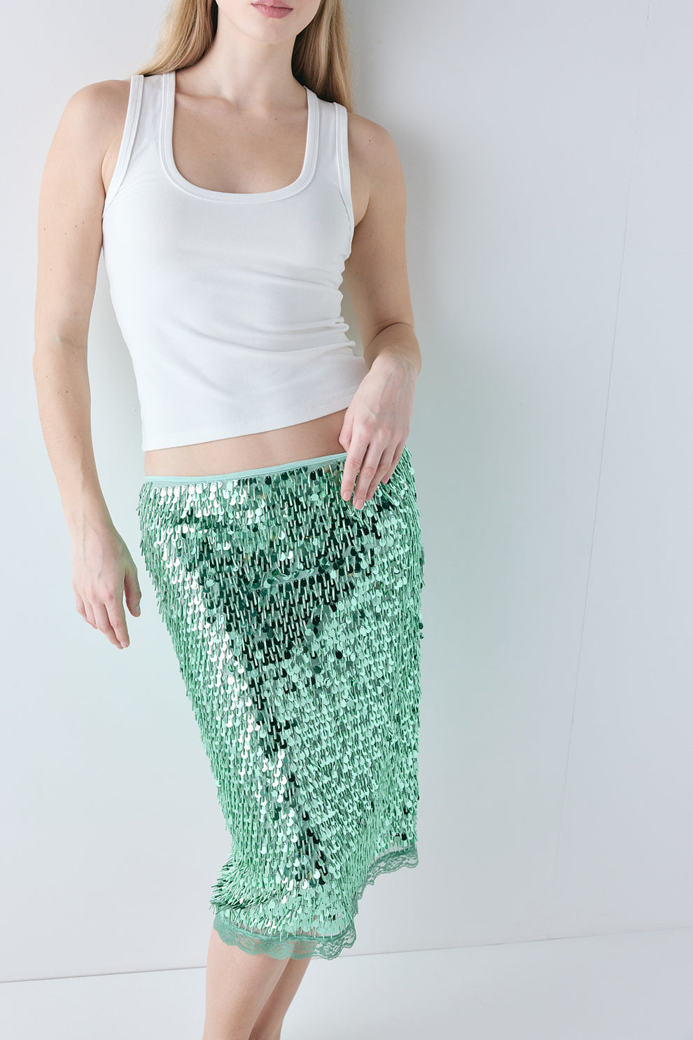 Clementine Sequin Midi Skirt Green