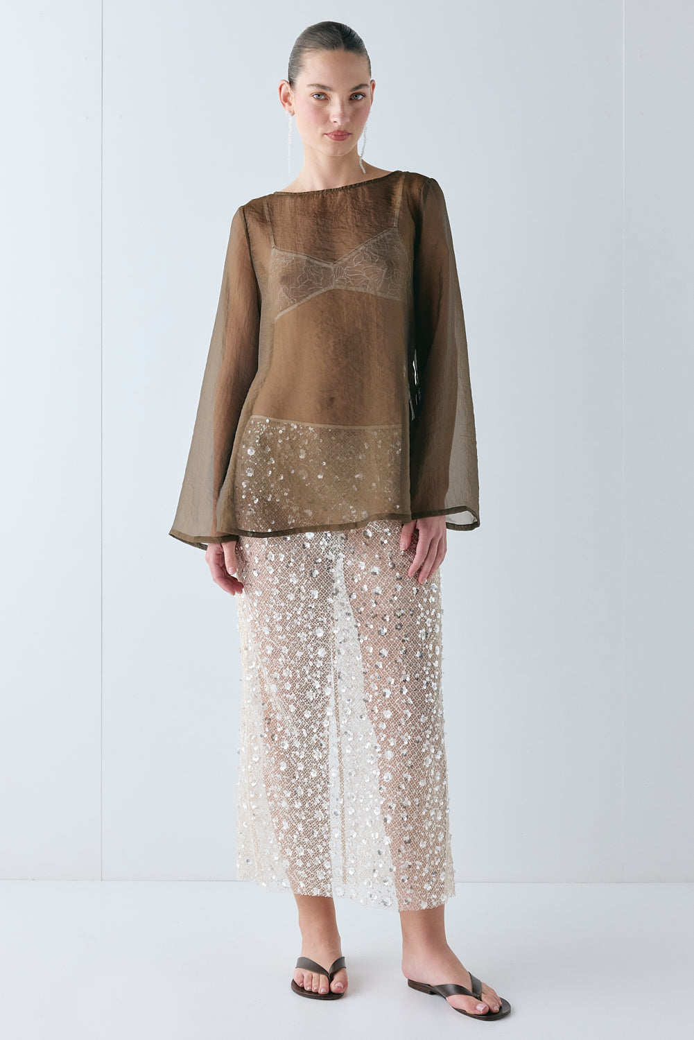 Lane Sequin Midi Skirt Cream 