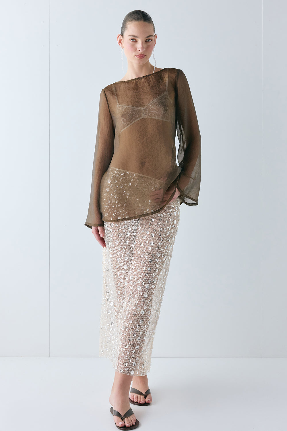 Lane Sequin Midi Skirt Cream 