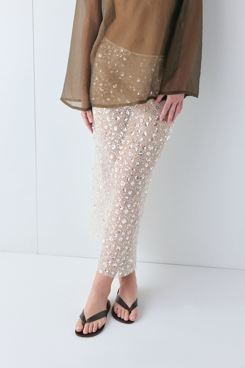 Lane Sequin Midi Skirt Cream 