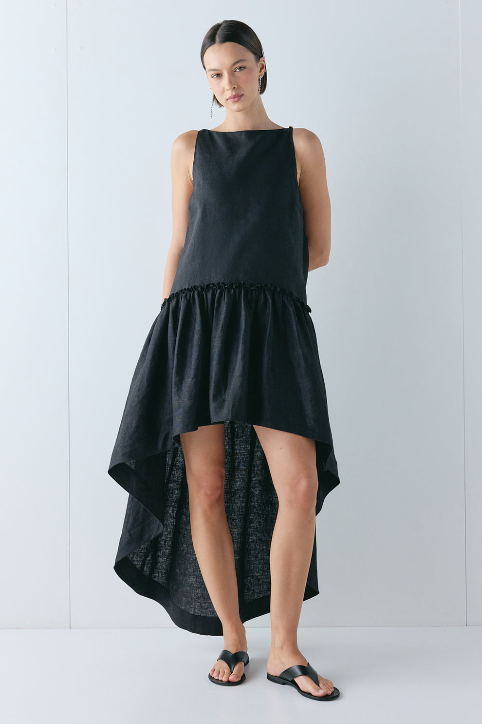 Flora Linen High Low Dress Black