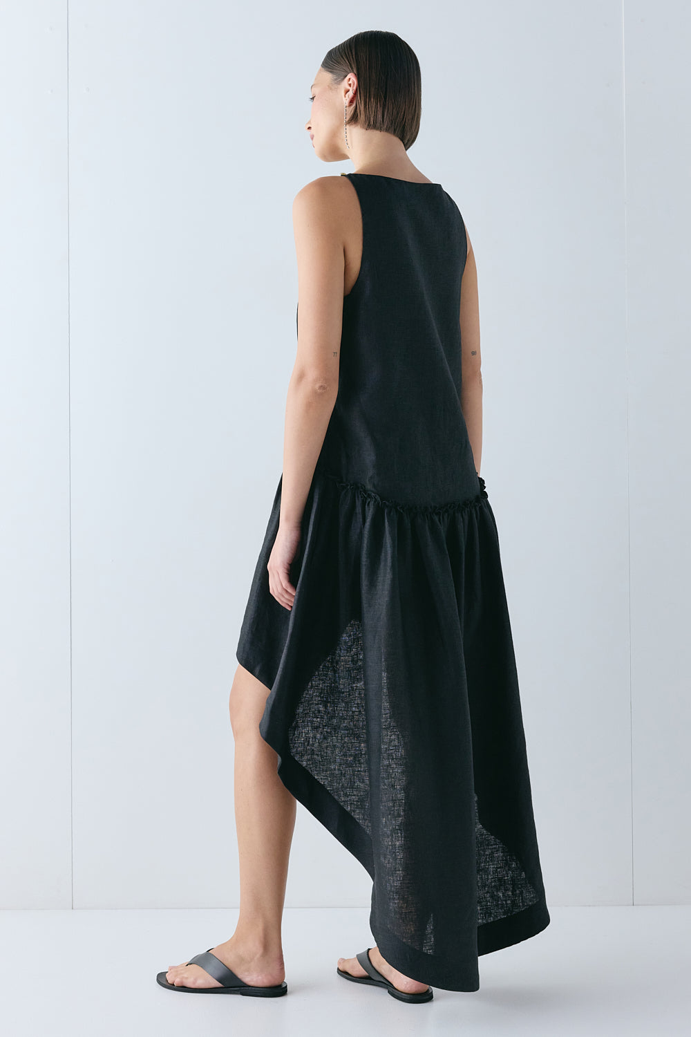 Flora Linen High Low Dress Black
