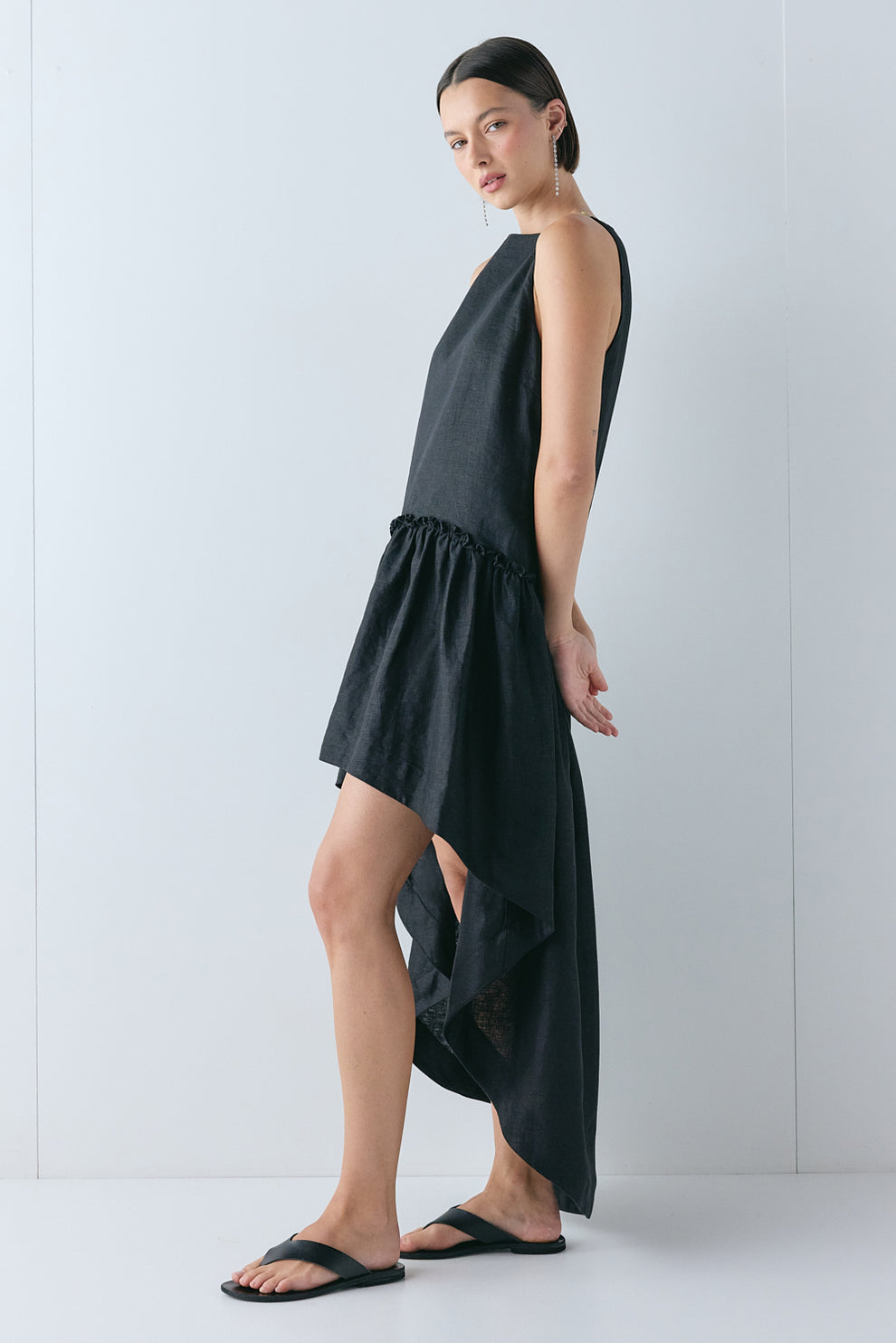 Flora Linen High Low Dress Black