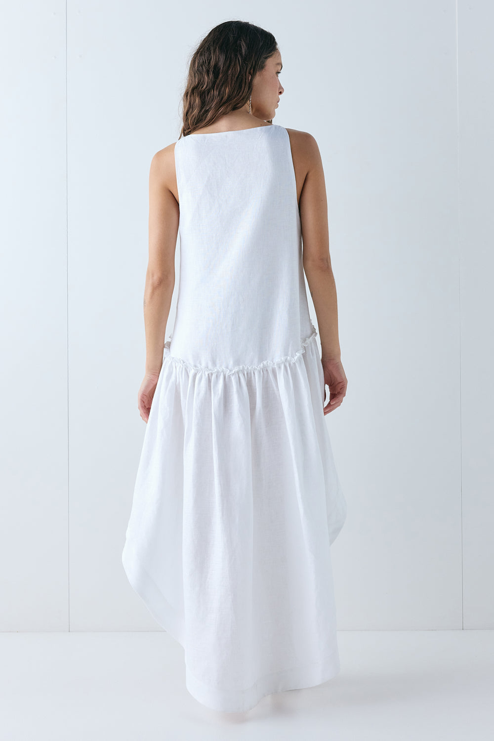 Flora Linen High Low Dress White