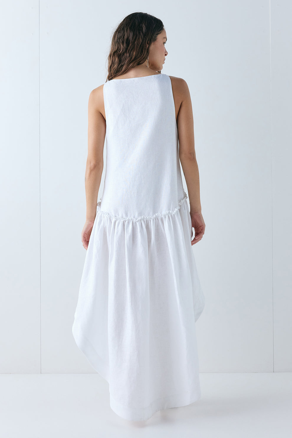 Flora Linen High Low Dress White