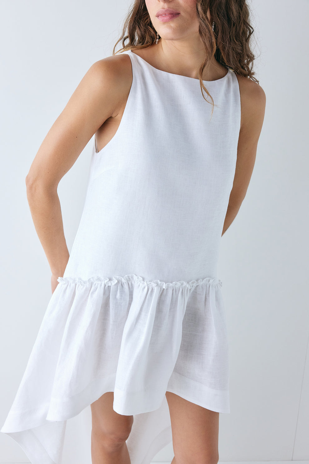 Flora Linen High Low Dress White