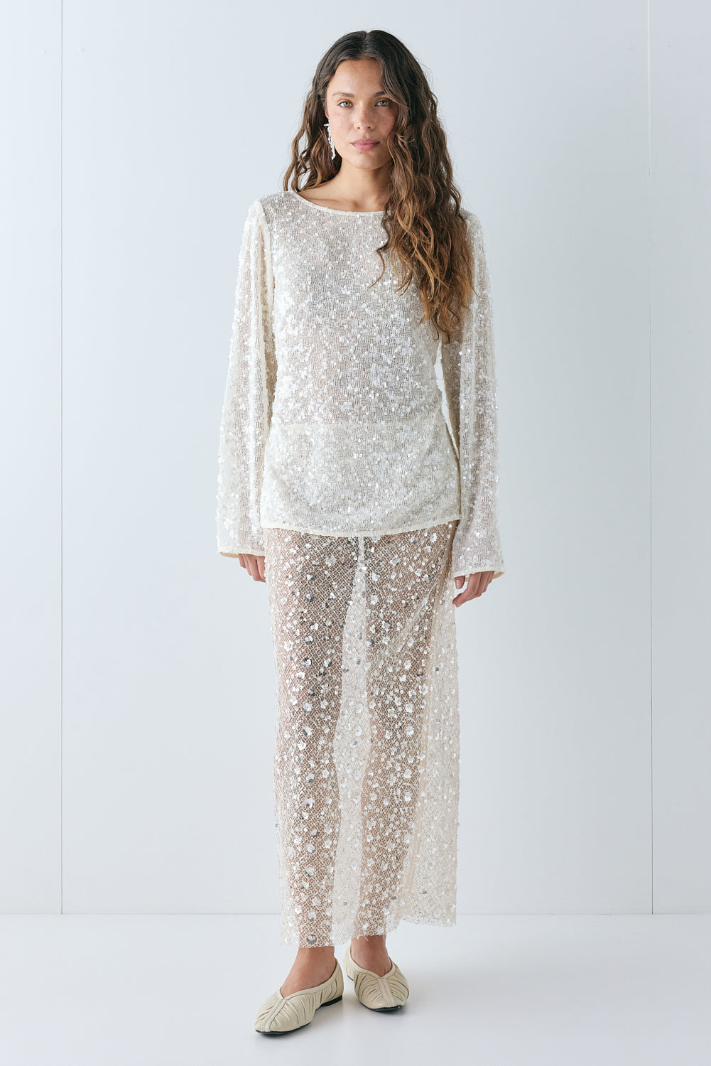 Lane Sequin Midi Skirt Cream - size:Stephanie:AU 6 / US 2