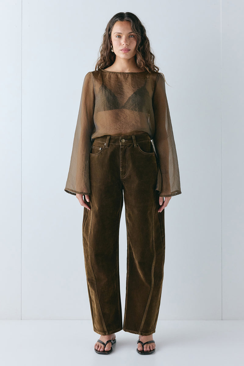 Aspen High Rise Barrel Flocked Denim Jeans Brown - size:Stephanie:AU 6 / US 2