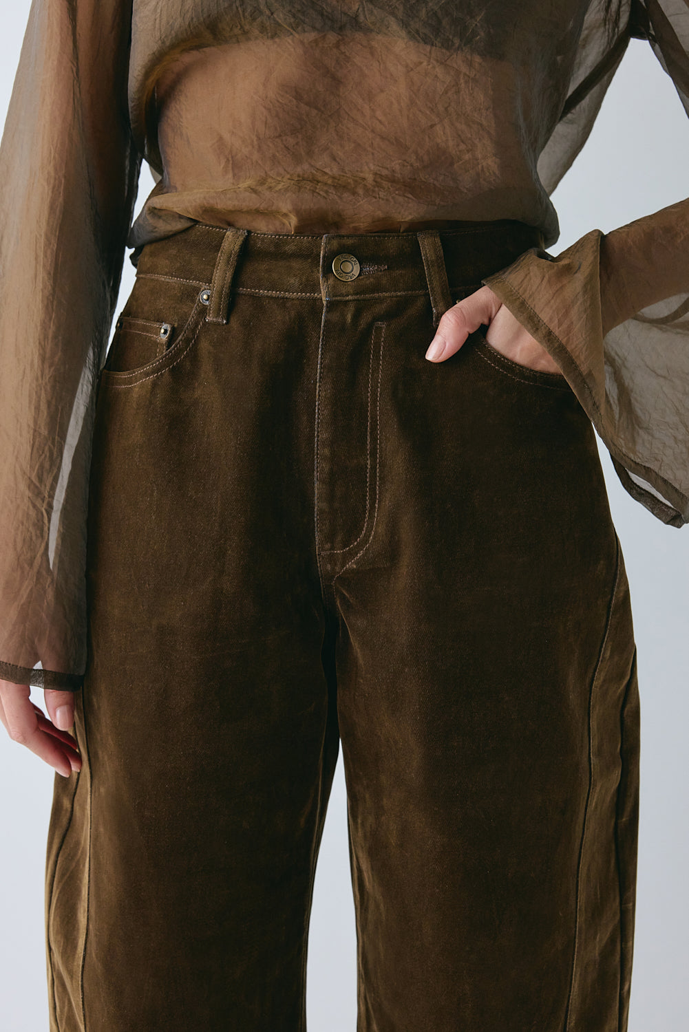 Aspen High Rise Barrel Flocked Denim Jeans Brown 