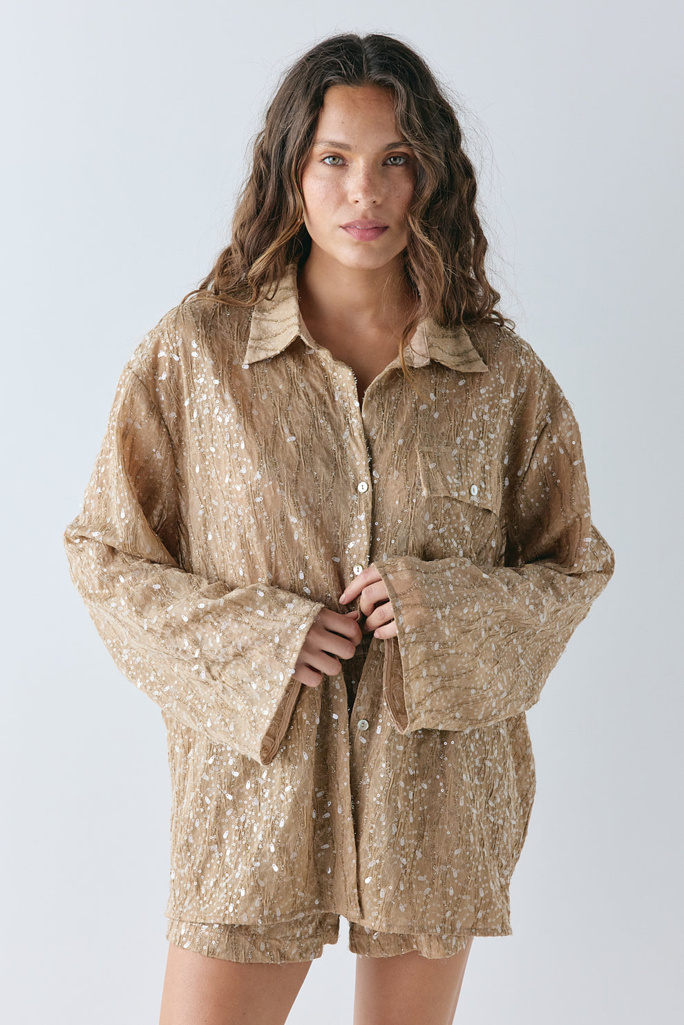 Vale Sequin Shirt Tan - size:Stephanie:AU 6 / US 2