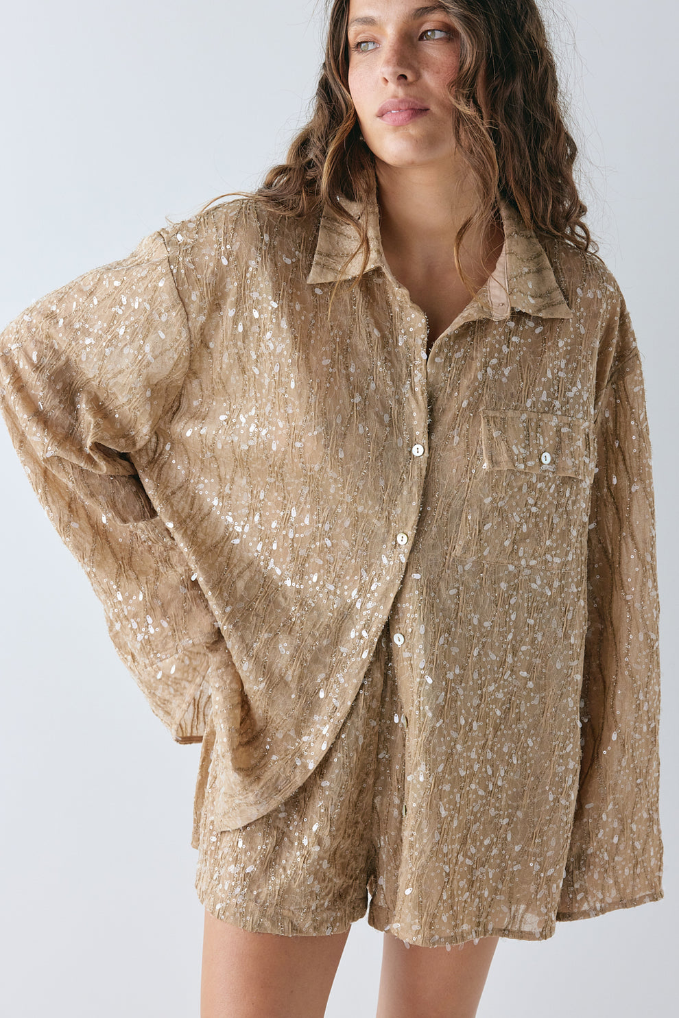 Leo Sequin Shorts Tan