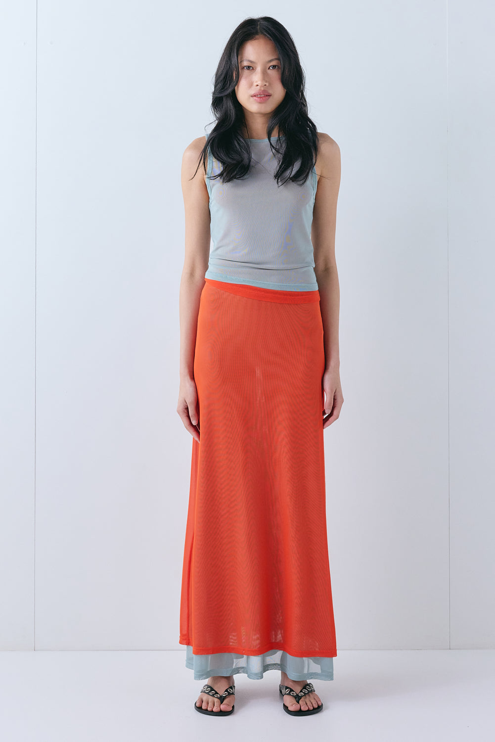 Elara Mesh Maxi Skirt Orange