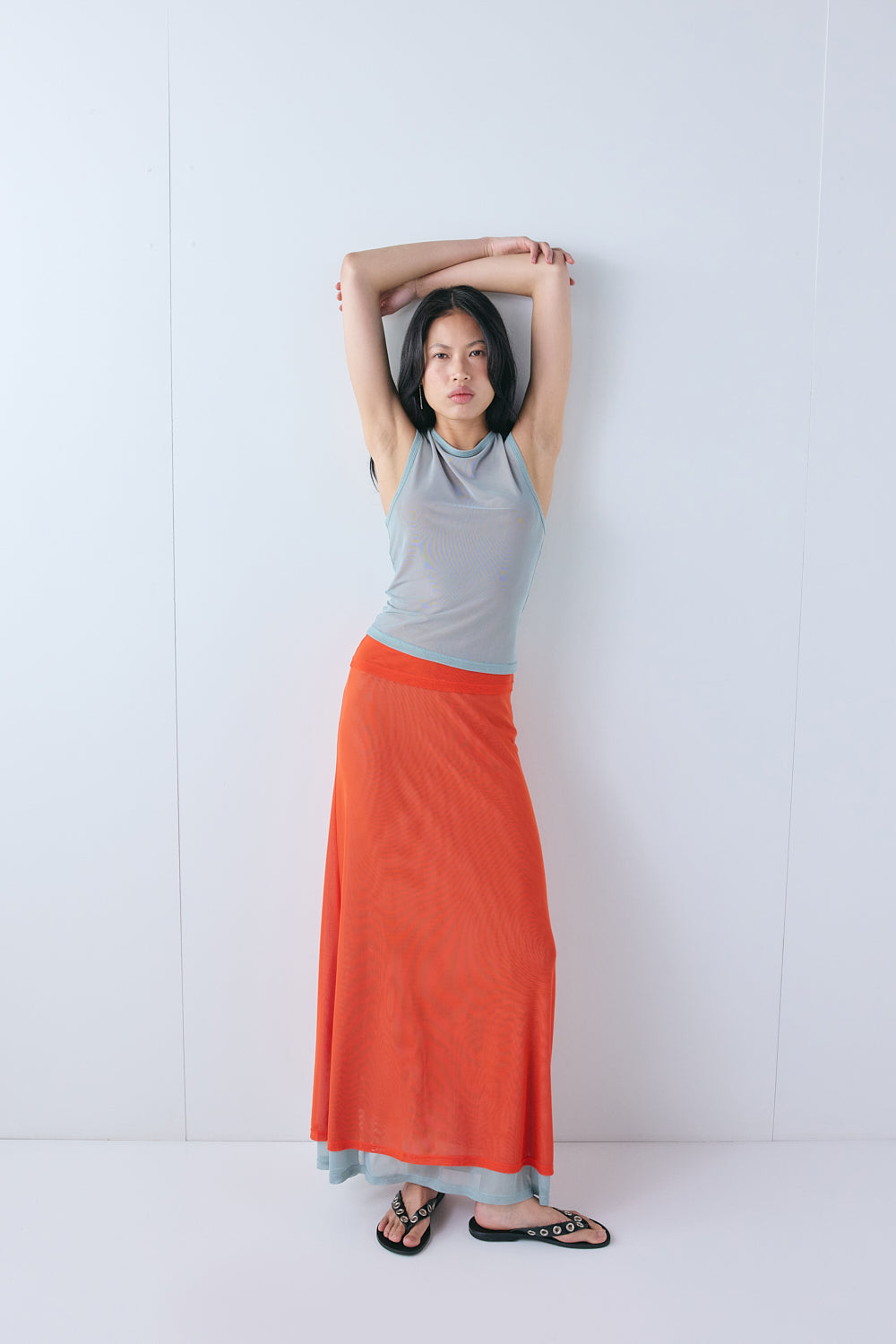 Elara Mesh Maxi Skirt Orange