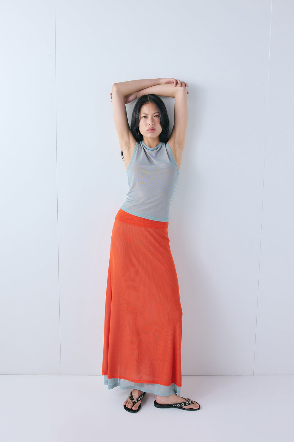Elara Mesh Maxi Skirt Orange
