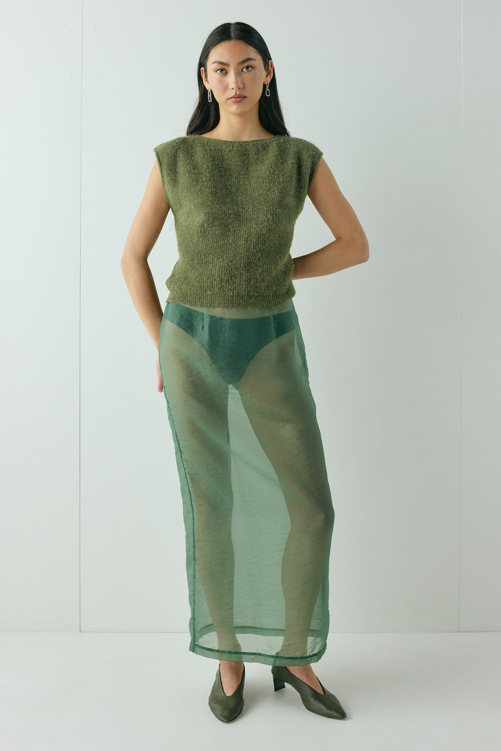 Devyn Sheer Midi Skirt Olive