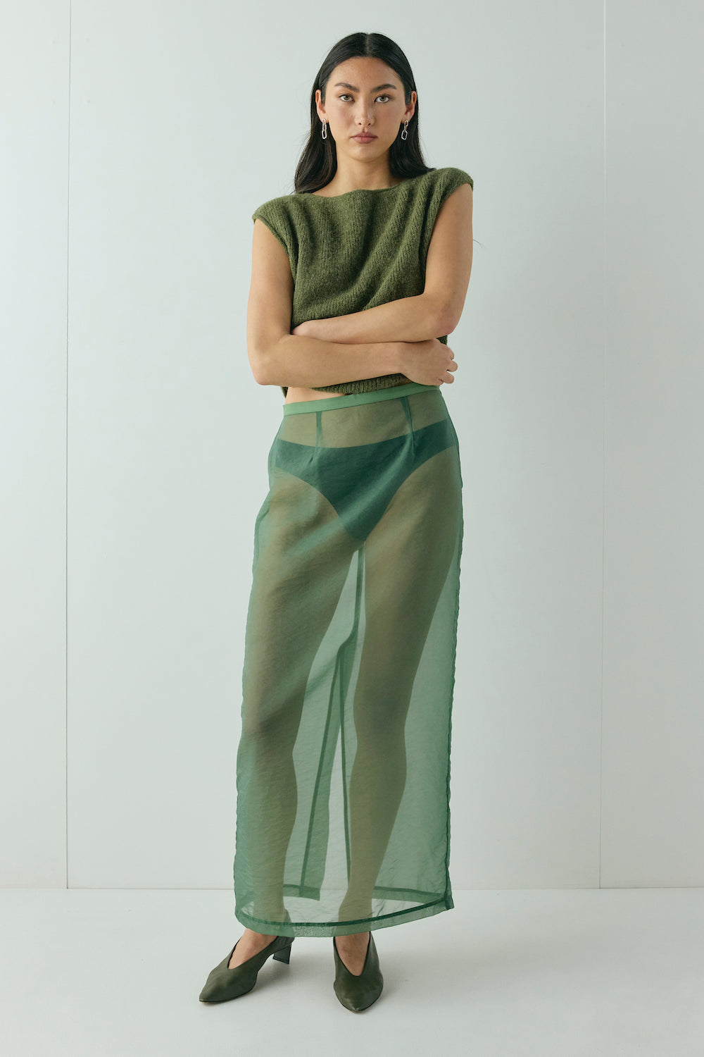 Devyn Sheer Midi Skirt Olive – VRG GRL