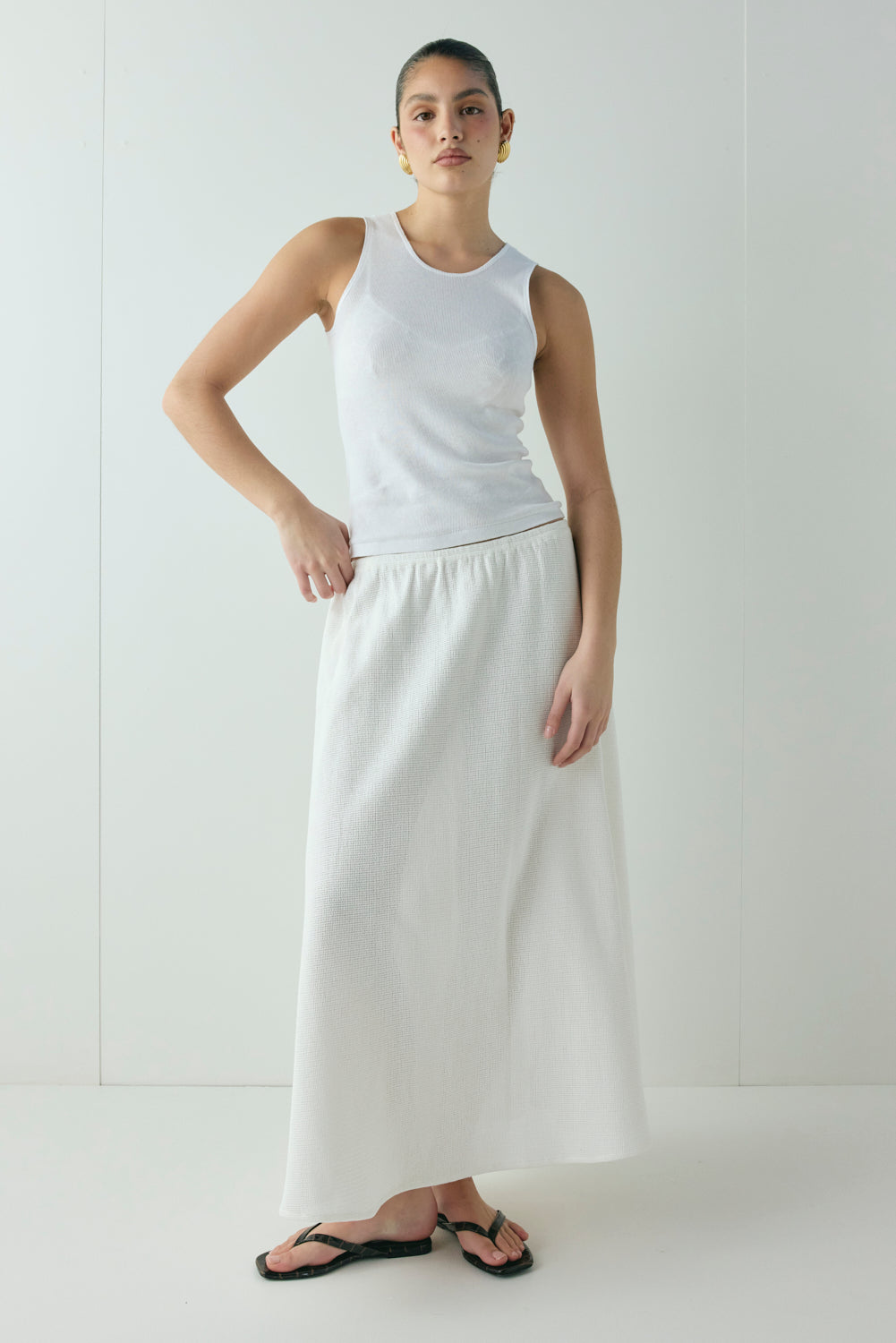 Solara Waffle Midi Skirt White
