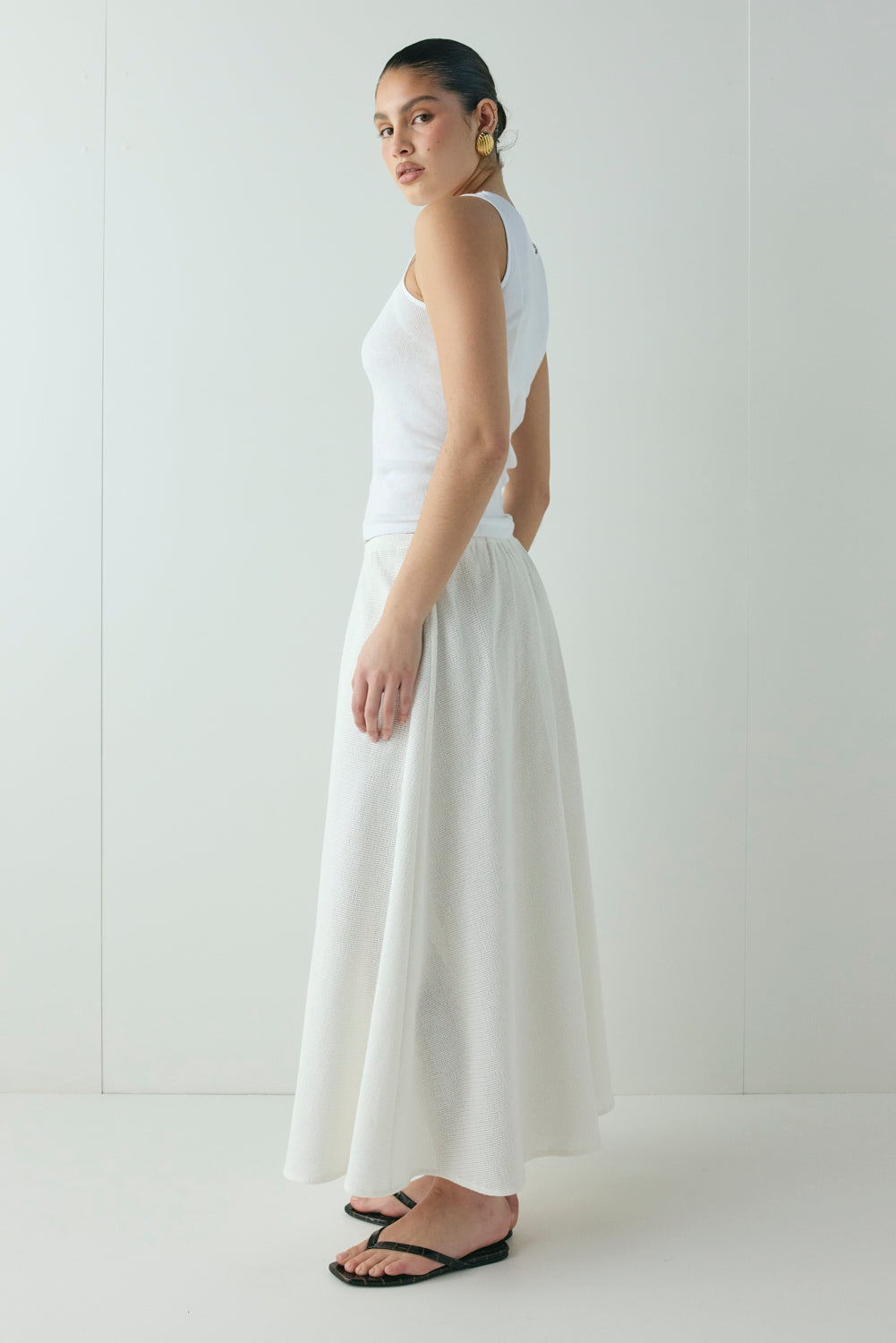 Solara Waffle Midi Skirt White