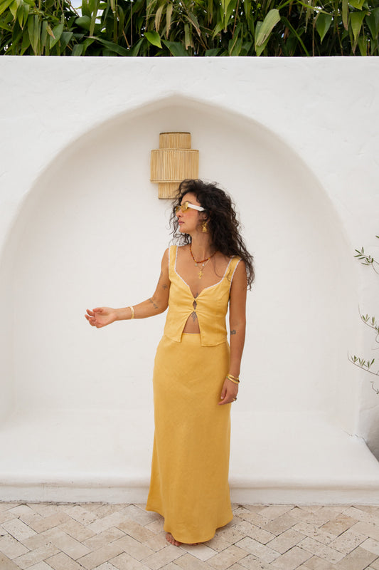 VRG GRL Love Language Linen Button Front Top // Yellow