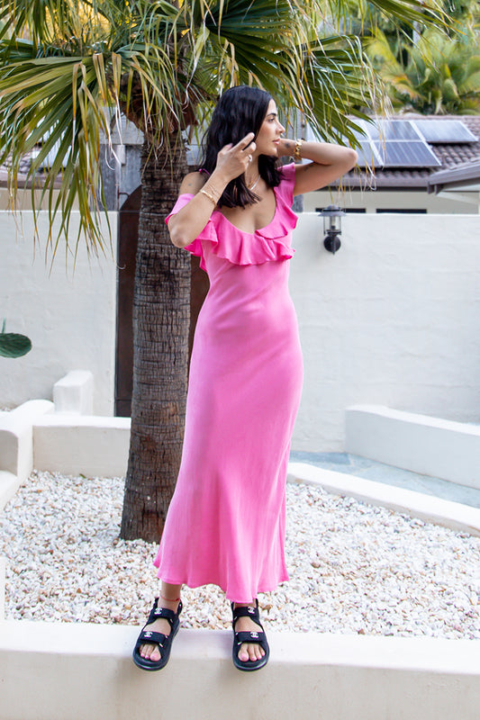 VRG GRL Feminine Muse Bias Cut Maxi Dress // Pink