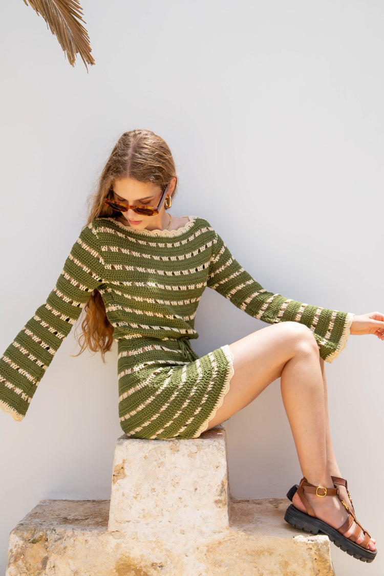 VRG GRL Harmonia Crochet Mini Dress // Olive