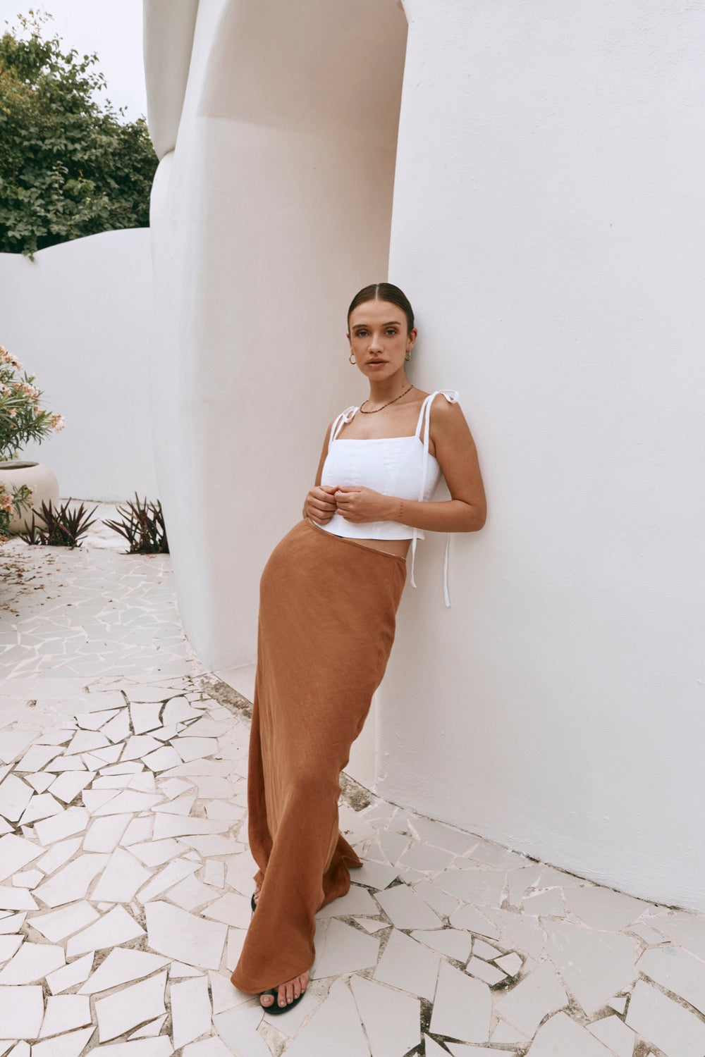Italian Streets Linen Bias Cut Maxi Skirt Tan