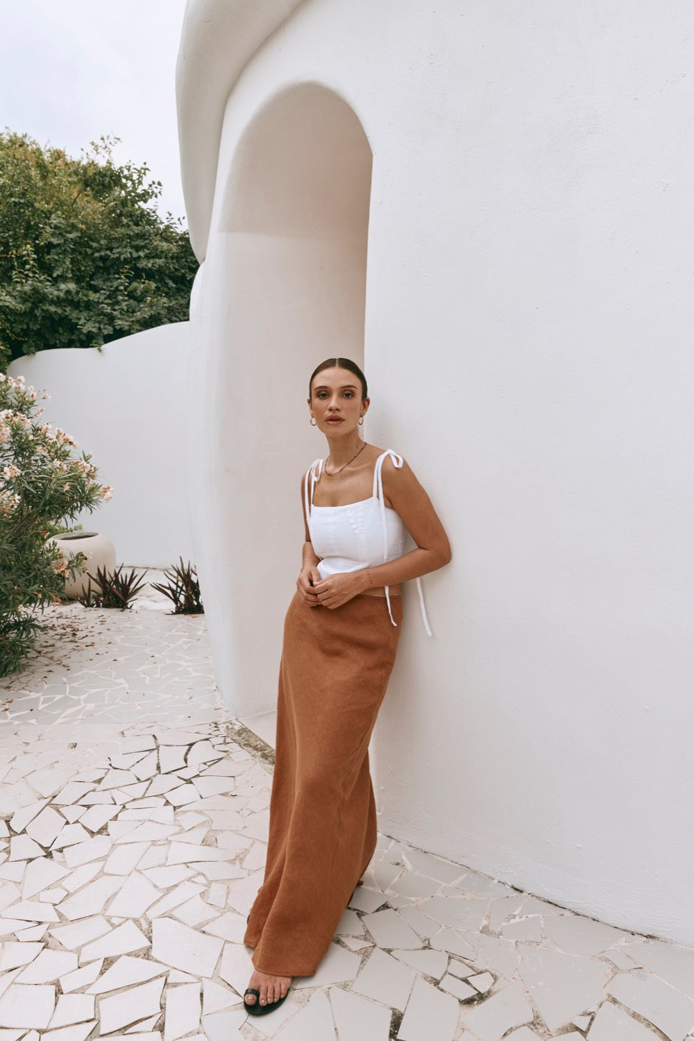 Italian Streets Linen Bias Cut Maxi Skirt Tan