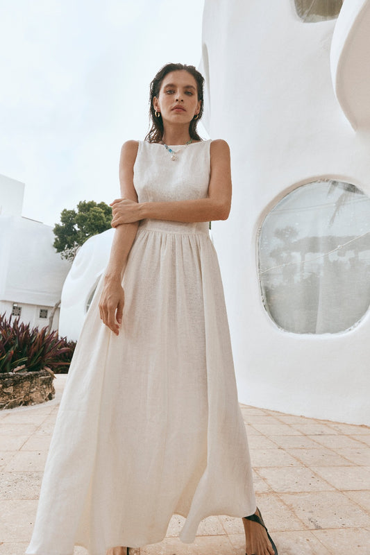 Kara Linen Midi Dress White