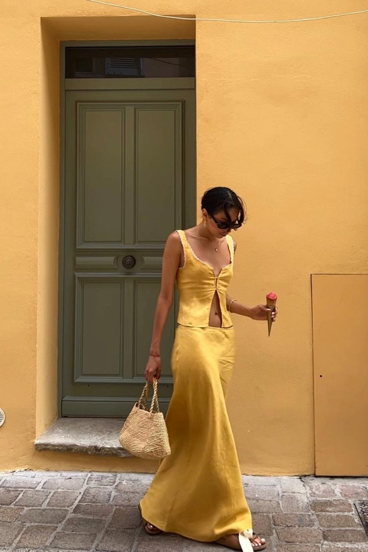 Italian Streets Linen Bias Cut Maxi Skirt Yellow – VRG GRL