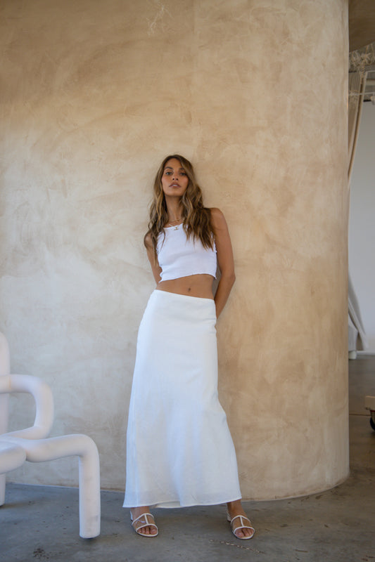 VRG GRL Italian Streets Linen Bias Cut Maxi Skirt // White