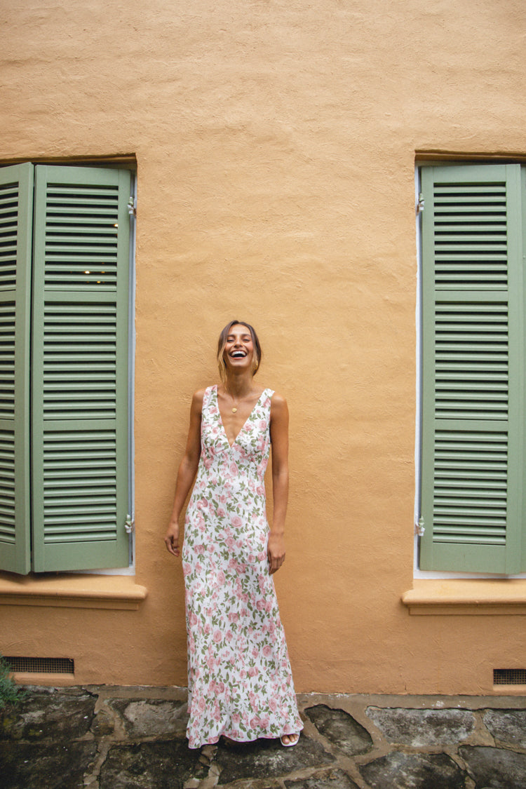 Postcards From Italy Bias Cut Maxi Dress Rose VRG GRL